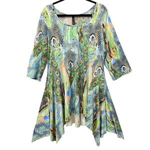 La Moda Beach Peacock Feather Print Tunic Top L/XL Sharkbite Hem Stretch